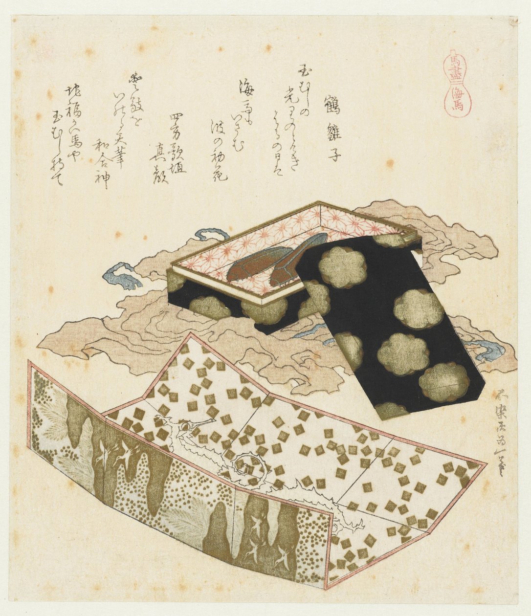 merihevosia Kaiba (otsikko esineessä) Sarja hevosten kanssa (sarjan nimi) Umazukushi (sarjan nimi esineellä) tekijältä Katsushika Hokusai