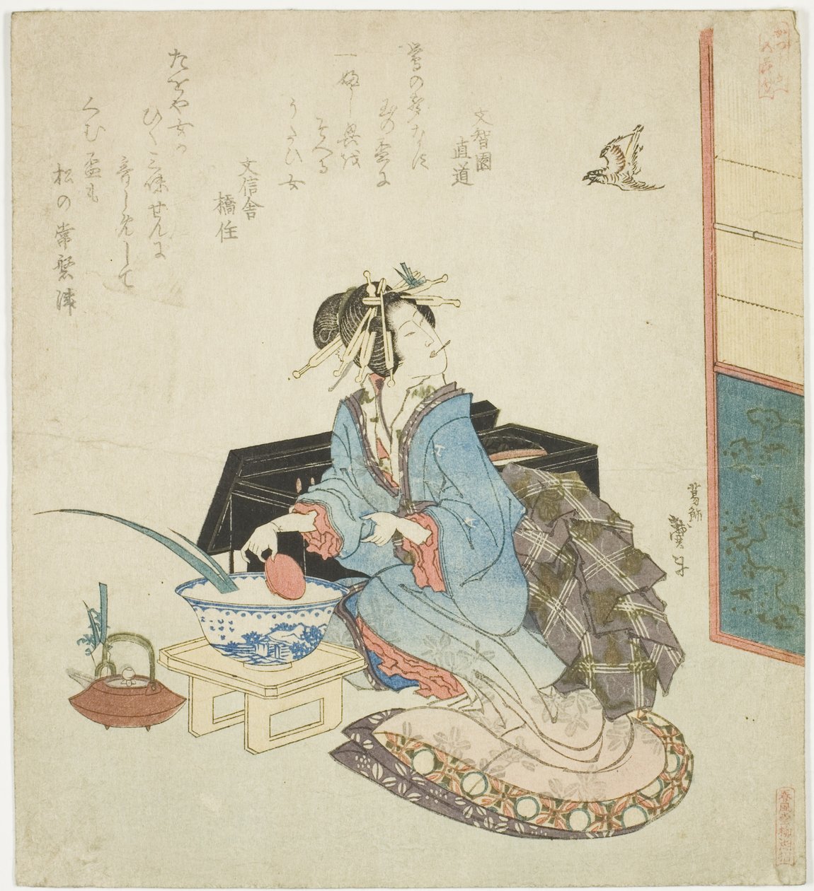 Geisha katselee käkeä sarjasta "Katsushika-piirin viisi vuosittaista festivaaleja (Katsushika gosekku)" tekijältä Katsushika Taito II