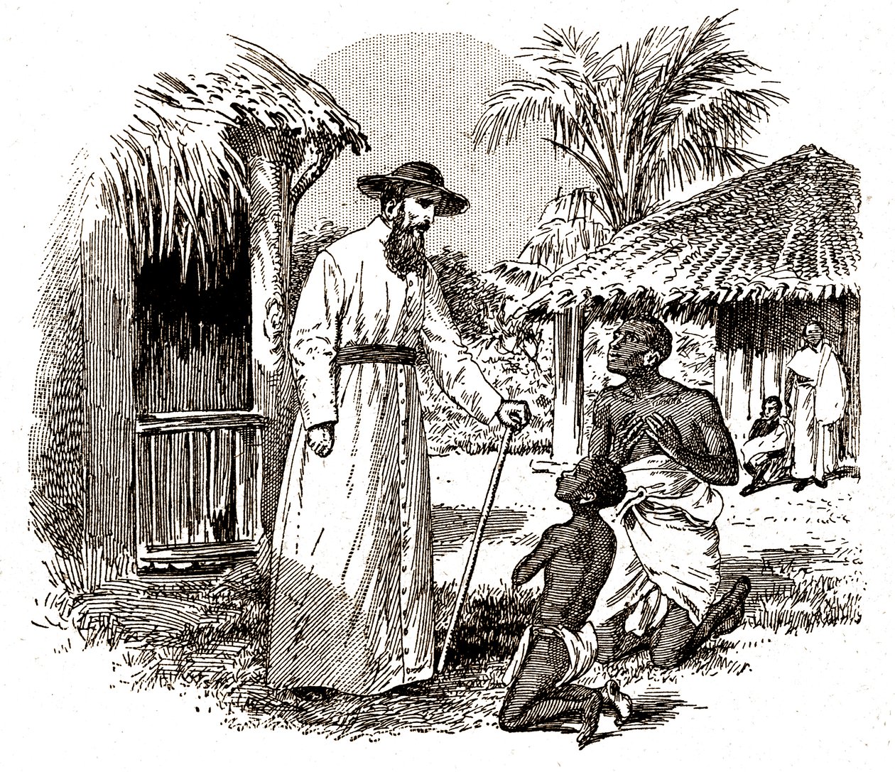 Katolinen lähetyssaarnaaja Afrikassa harjoittelemassa kääntymystä lapsesta ja hänen isästään, n. 1900 (kaiverrus) tekijältä Alec Hunter