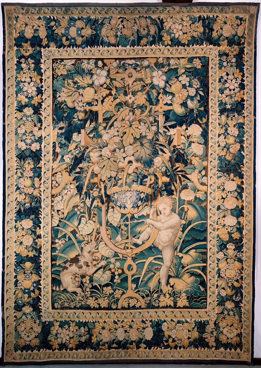 Kuvakudos. Enghien. Poika kohtaamassa villieläintä (Bambin taquinant un jeune fauve, De knaap met het jonge wilde dier). 363 cm x 259 cm. Poika tai putto kiusaa villieläintä, kenties leopardia, päärynä kiinnitettynä keppiin. tekijältä 