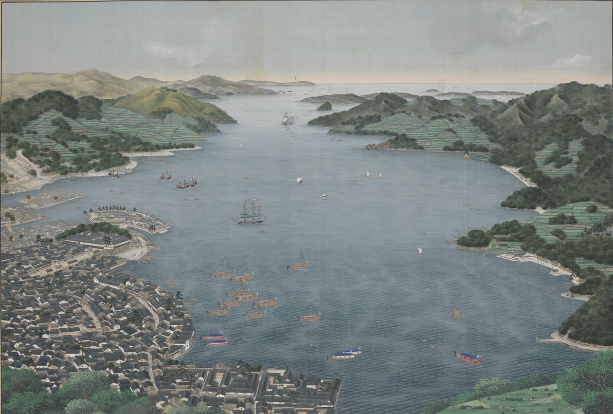 Nagasakin satama, n. 1800-50 (silkkimaalaus) tekijältä Kawahara Keiga