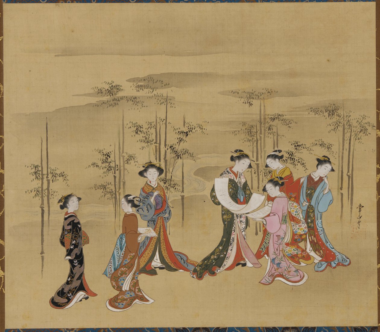 Seitsemän nuorta naista bambulehdossa, 1700-luku. tekijältä Kawamata Tsunemasa