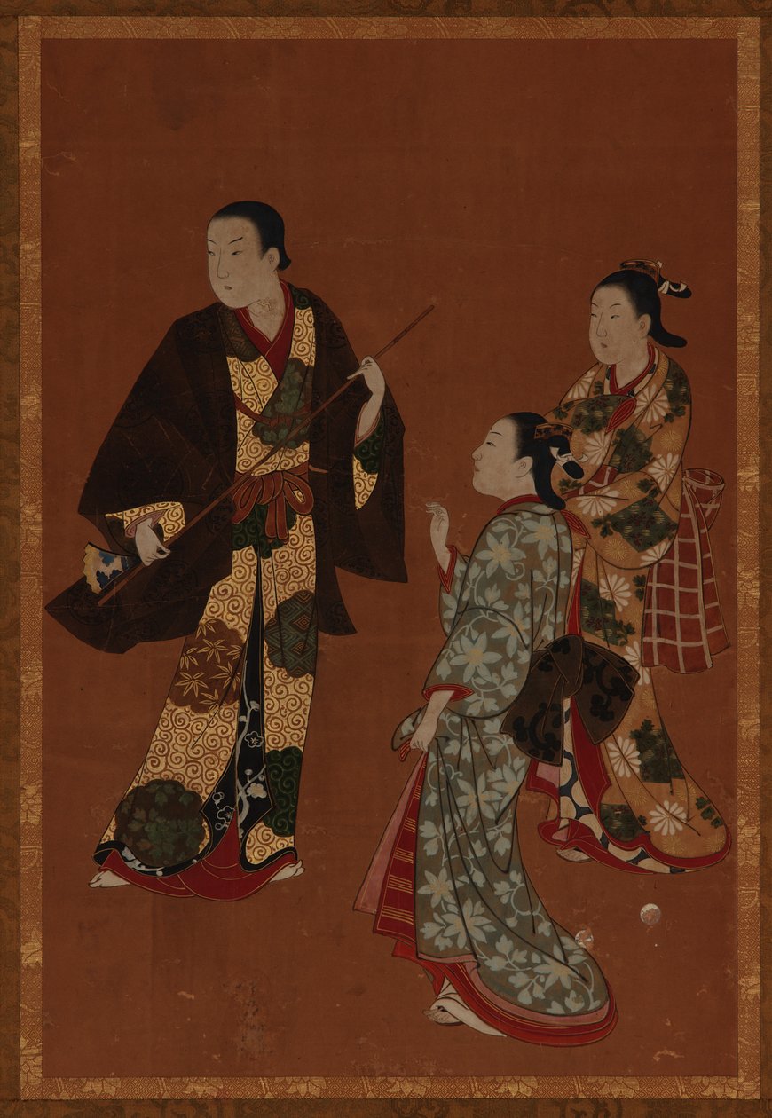 Mies, mahdollisesti näyttelijä, ja kaksi tyttöä, Edo-kausi, 1700-luku. tekijältä Kawamata Tsuneyuki