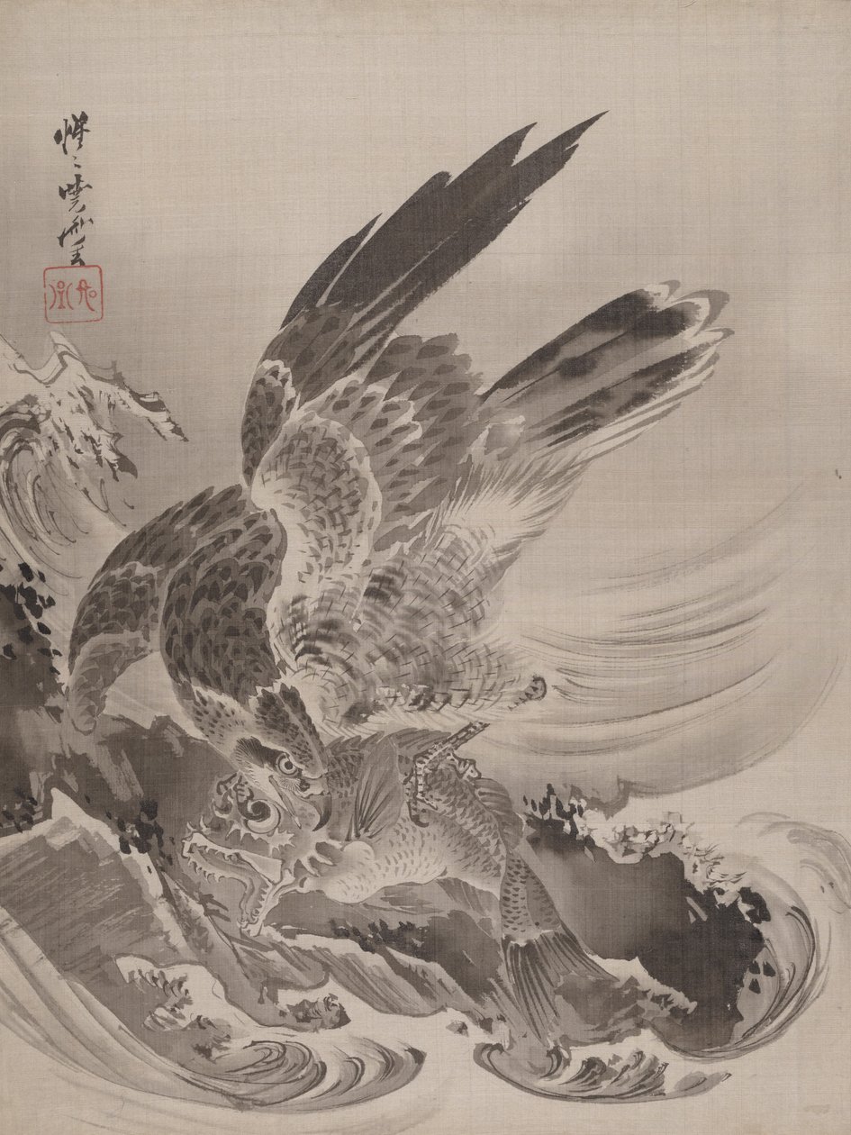 Eagle Attacking Fish, n. 1887. tekijältä Kawanabe Kyosai