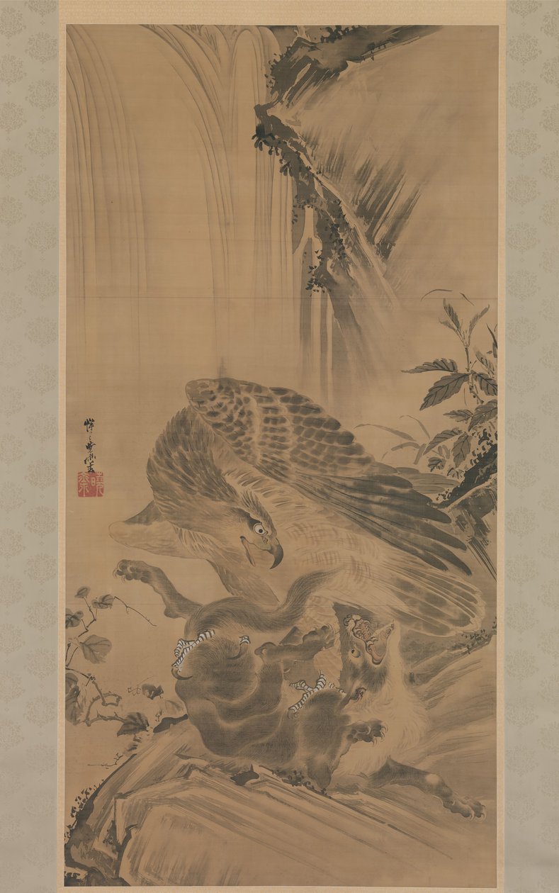 Kotka hyökkää vuorileijonaan, 1885. tekijältä Kawanabe Kyosai