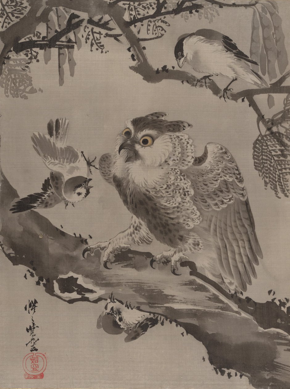 Pienten lintujen pilkaama pöllö, n. 1887. tekijältä Kawanabe Kyosai