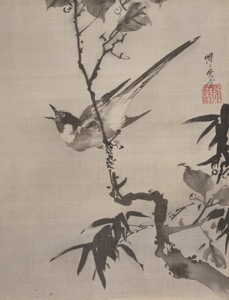 Laululintu oksalla, n. 1887. tekijältä Kawanabe Kyosai
