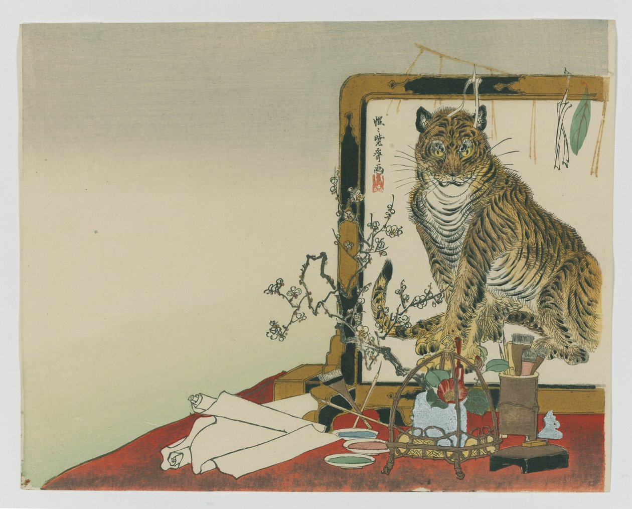 Tigerin seisova sermi (Tsuitate), 1878 (puupalikkaväripainatus) tekijältä Kawanabe Kyosai