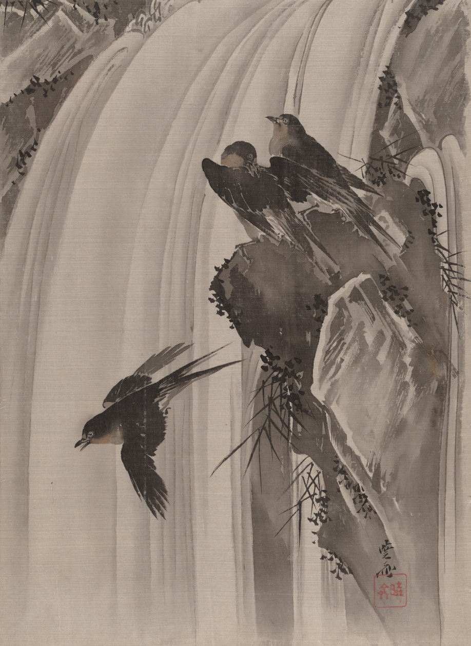Pääskyset vesiputouksen äärellä, n. 1887. tekijältä Kawanabe Kyosai