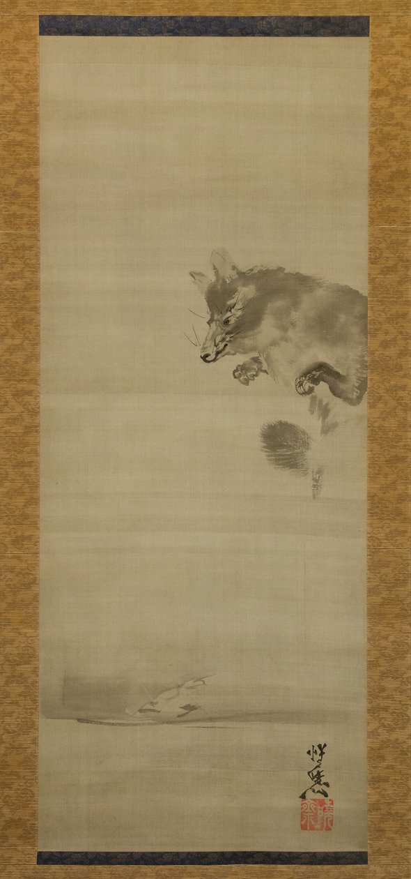 Tanuki supikoira katselemassa heijastustaan vedessä, 1800-luvun loppu. tekijältä Kawanabe Kyosai