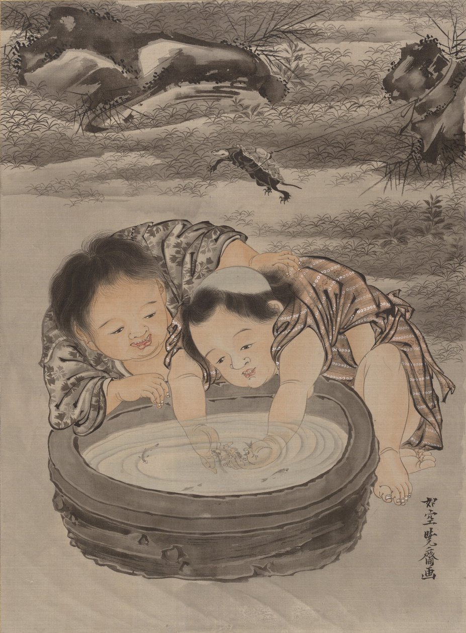 Kaksi lasta leikkimässä kultakalan kanssa, n. 1887. tekijältä Kawanabe Kyosai