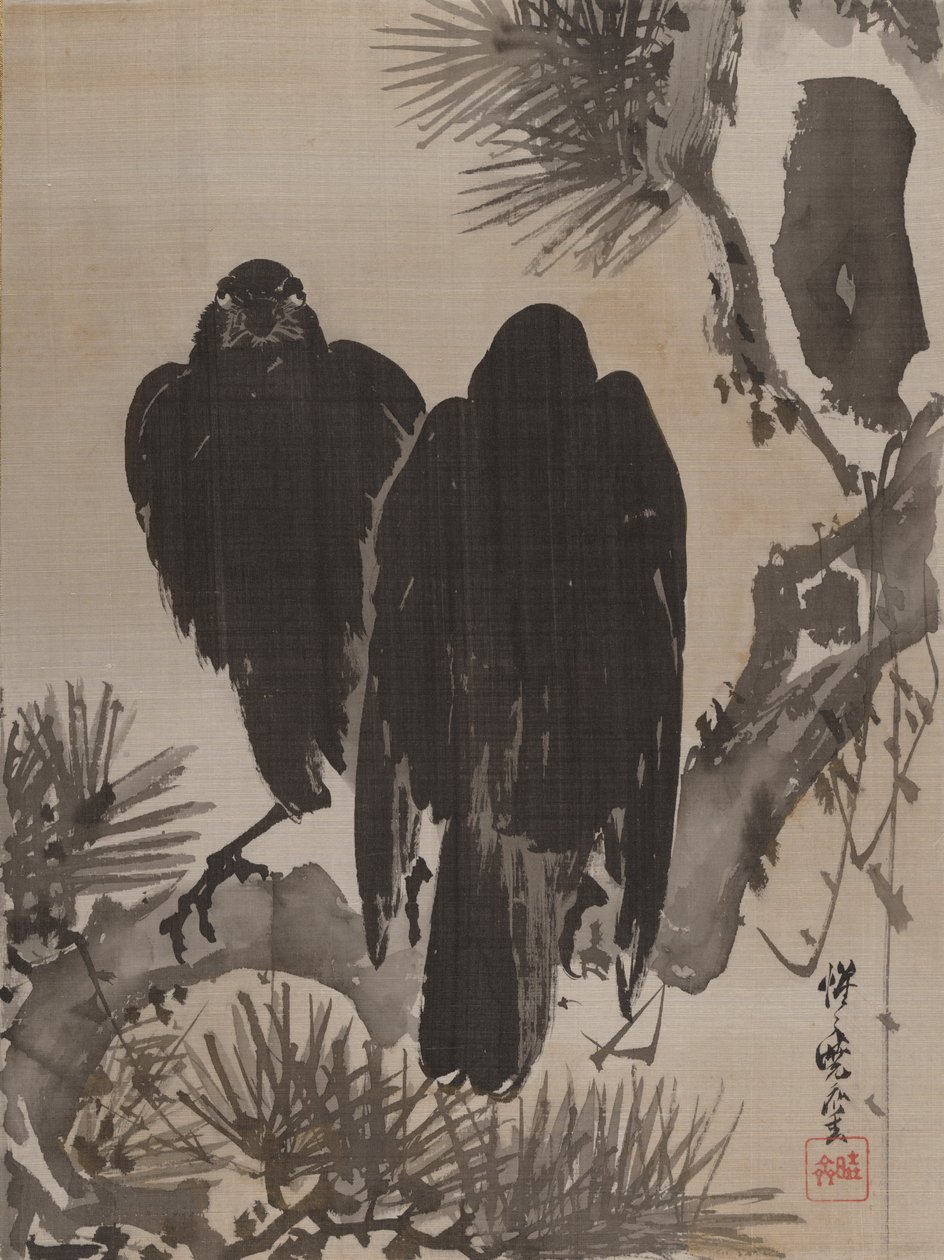 Kaksi varista männyn oksalla, n. 1887. tekijältä Kawanabe Kyosai