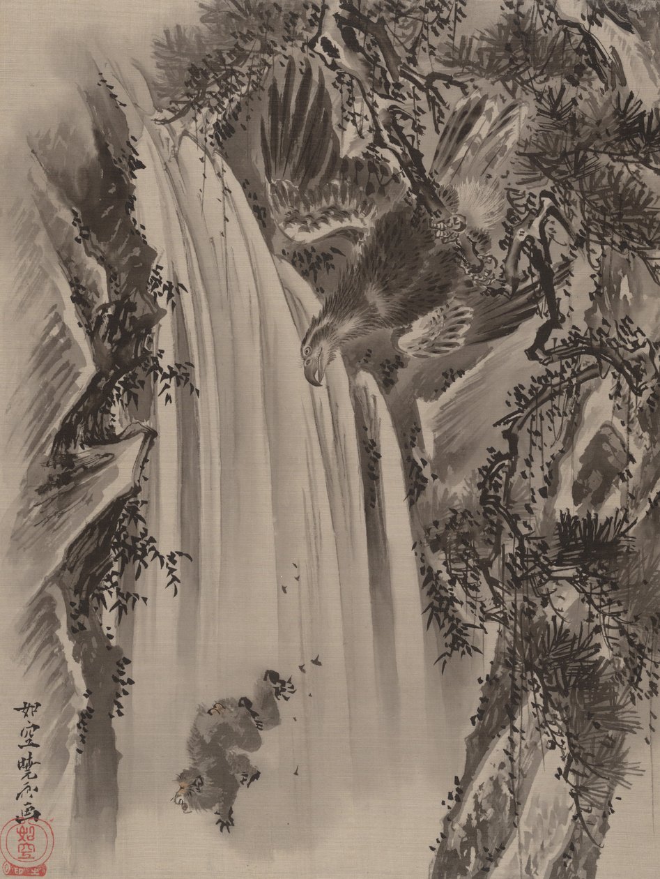 Vesiputous, kotka ja apina, n. 1887. tekijältä Kawanabe Kyosai
