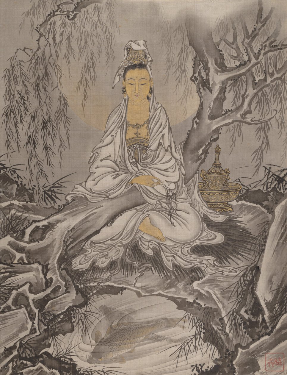 Valkoviittainen Kannon, n. 1887. tekijältä Kawanabe Kyosai