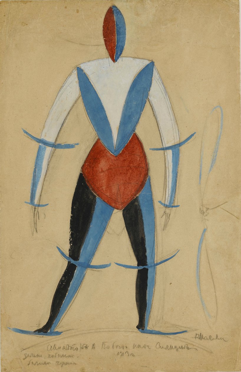 Lentäjä, Pukusuunnittelu Aleksei Kruchenykhin oopperaan Voitto auringon yli, 1913 (muste, guassi & kynä paperille) tekijältä Kazimir Severinovich Malevich
