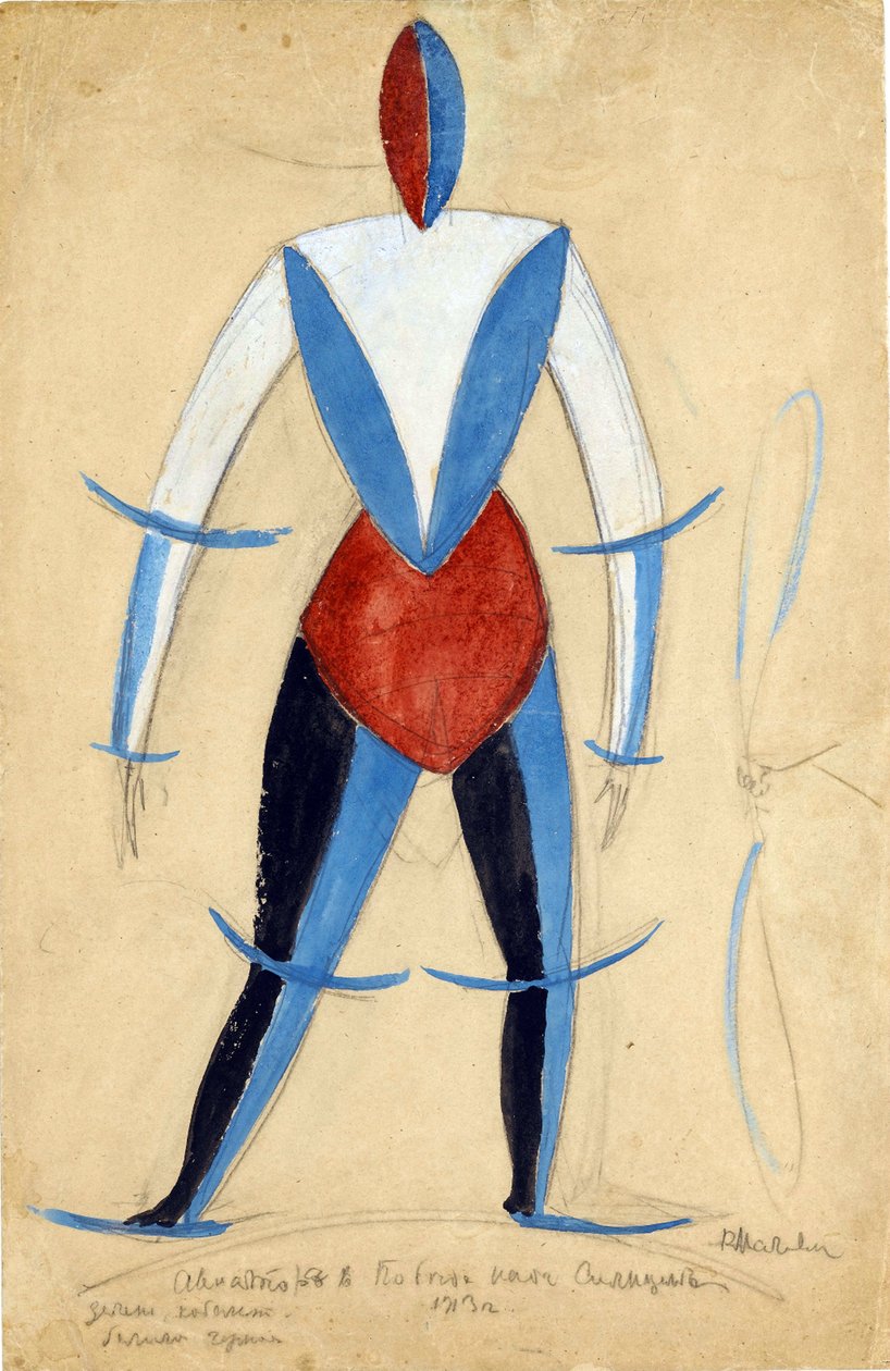 Lentäjä. A. Kruchenykh par Malevich, Kasimir Severinovich (1878-1935) pukusuunnittelu oopperaan Victory over the sun tekijältä Kazimir Severinovich Malevich