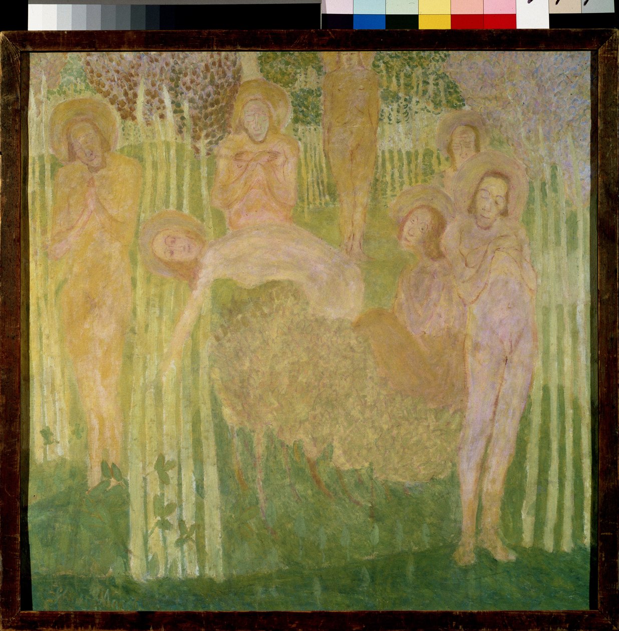 Luonnos freskomaalaukseen. Pyhien esitys sädekehällä, iloisilla kasvoilla, alastomilla vartaloilla, kokoontuneena kukkivien puiden puutarhaan. Kasimir Severinovich Malevich (Malevich, Malevic) (1878-1935) työ, te tekijältä Kazimir Severinovich Malevich
