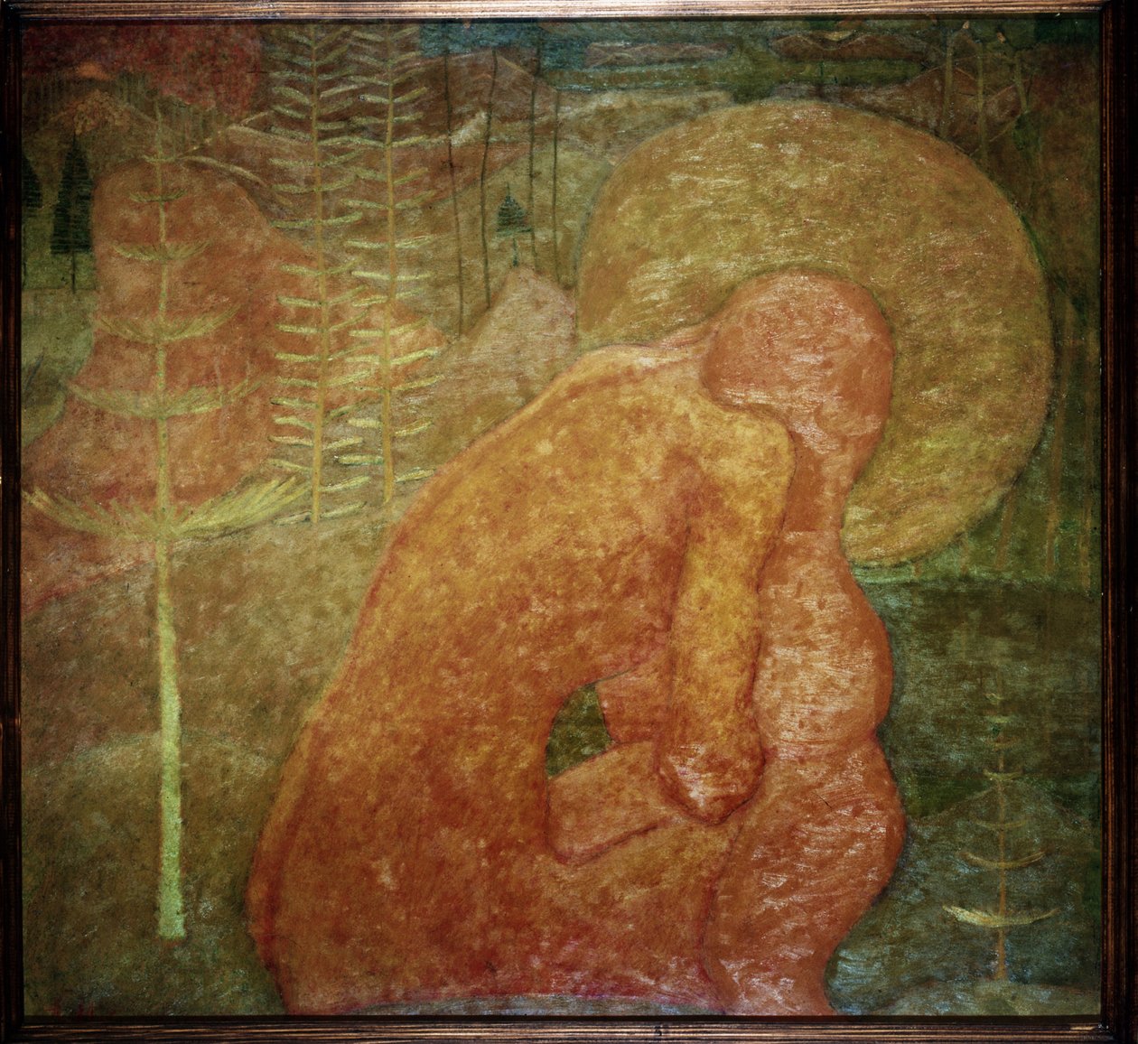 Luonnos freskolle. Rukous. (Freskomaalauksen luonnos; Rukous). Alaston hahmo metsämaisemassa on käpertynyt aureolinsa alle. Kasimir Severinovich Malevitshin (Malevich, Malevic) (1878-1935) työ, tempera pahvilleLuonnos freskolle. Rukous. (Freskomaalauksen l tekijältä Kazimir Severinovich Malevich