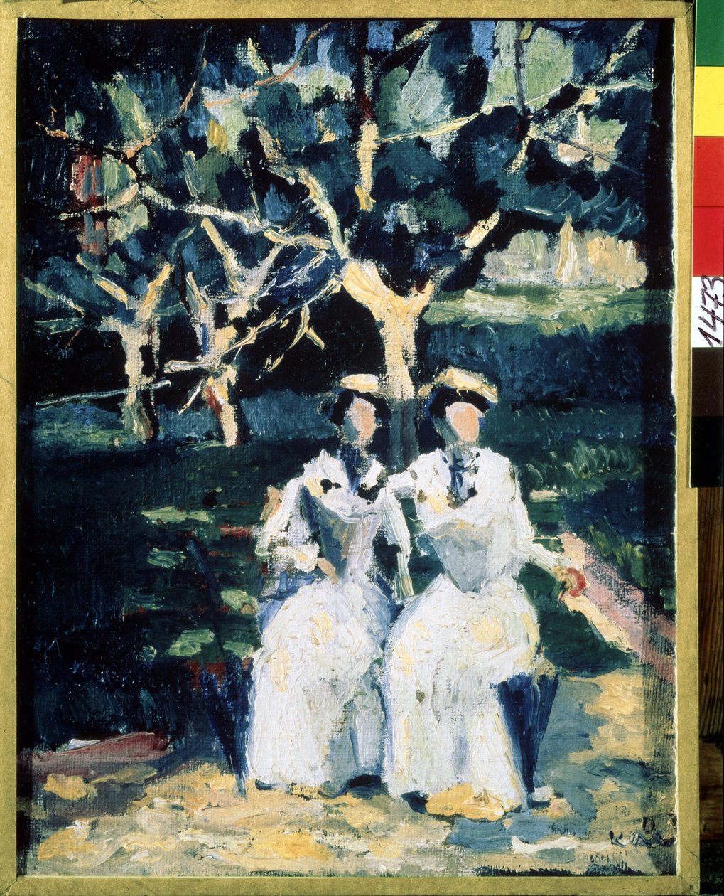 Kaksi naista puutarhassa (kaksi naista puutarhassa). Maalaus: Kasimir Severinovich Malevich (Malevich, Malevic) (1878-1935), öljy kankaalle, noin 1930. Venäläinen taide, 1900-luku, modernia taidetta. Venäjän valtionmuseo, Pietari. tekijältä Kazimir Severinovich Malevich