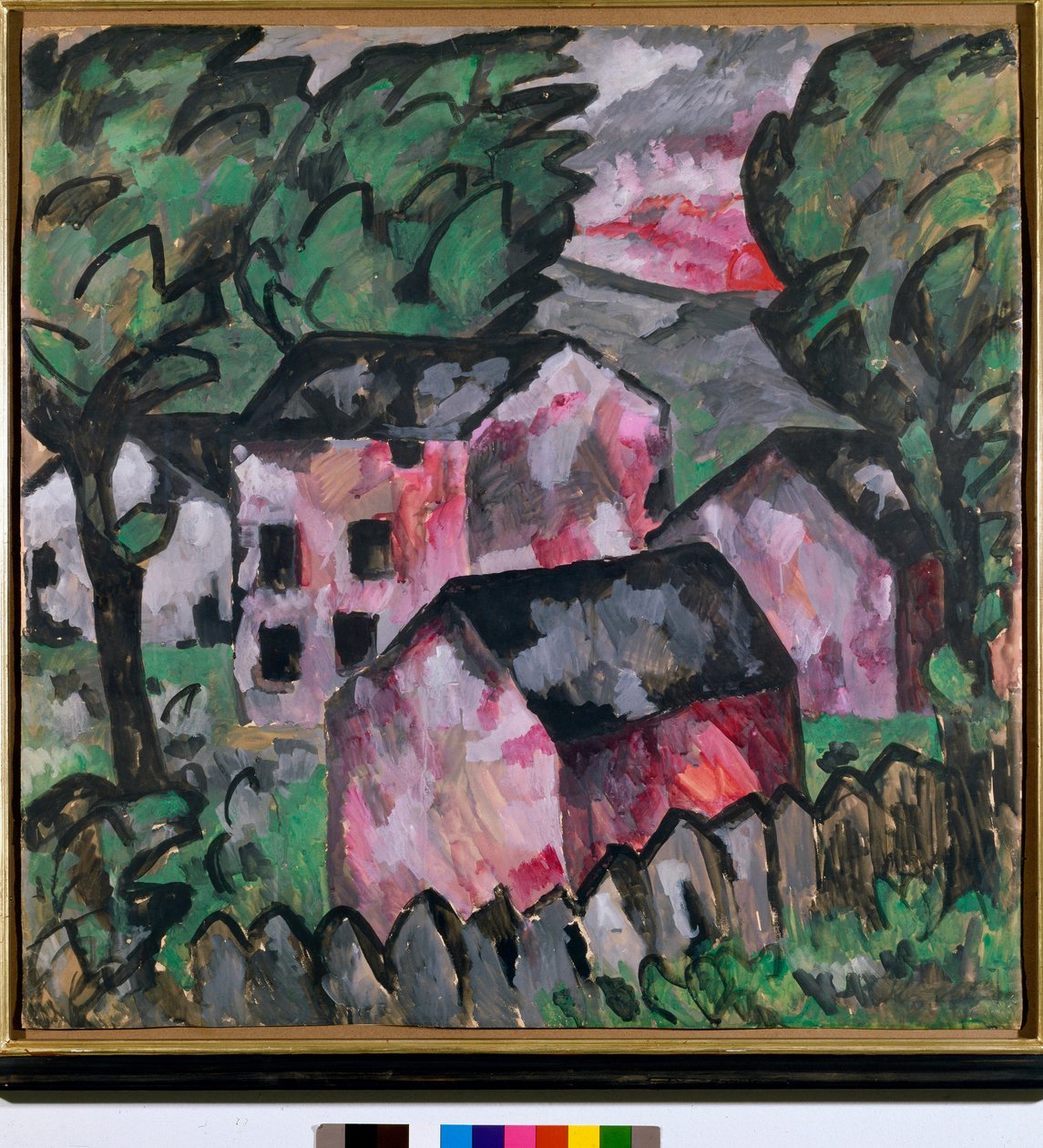 Maisema punaisilla taloilla Maalaus Kazimir Severinovich Malevich (Malevich, Malevich) (1878-1935) Aurinko 107x106 cm 1910 Sun Taidemuseo Bale tekijältä Kazimir Severinovich Malevich