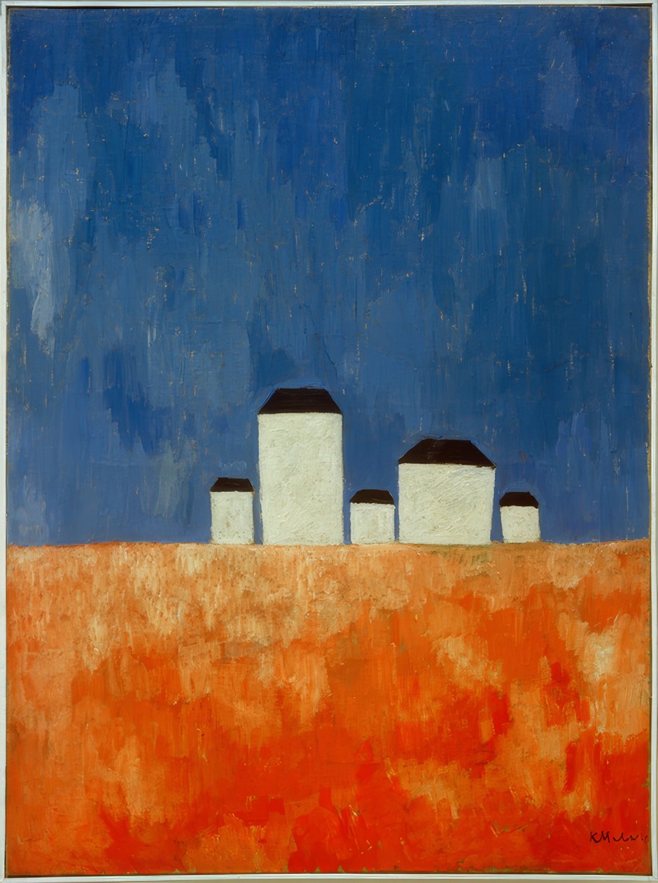 Landschaft mit fünf Häusern tekijältä Kazimir Severinovich Malevich