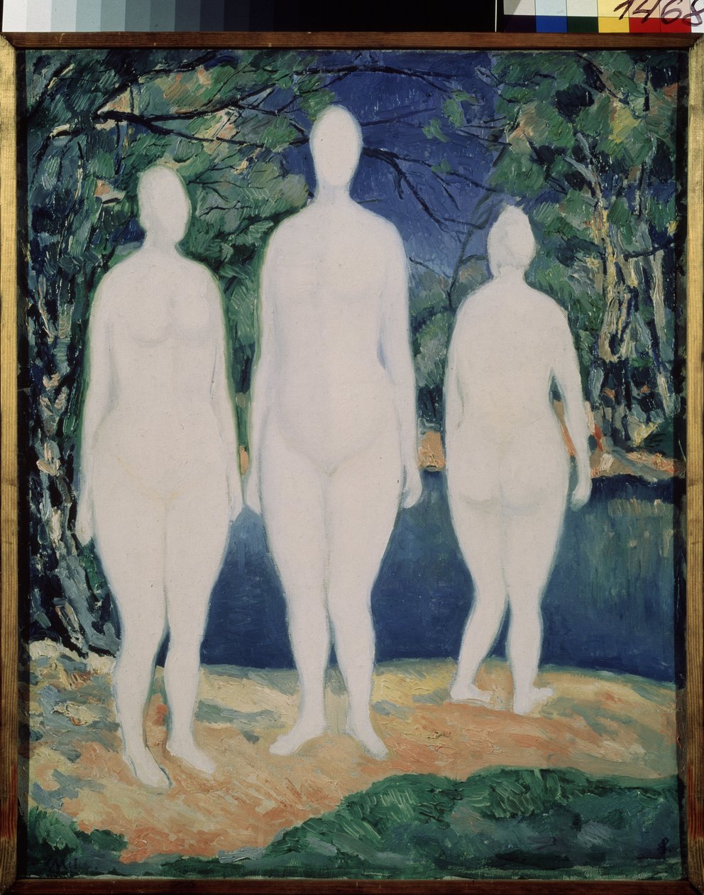 Uimarit. Kolme valkoista, alastomaa hahmoa seisomassa lähellä jokea kesällä. Maalaus: Kasimir Severinovich Malevich (Malevich, Malevic) (1878-1935), öljy kankaalle tekijältä Kazimir Severinovich Malevich