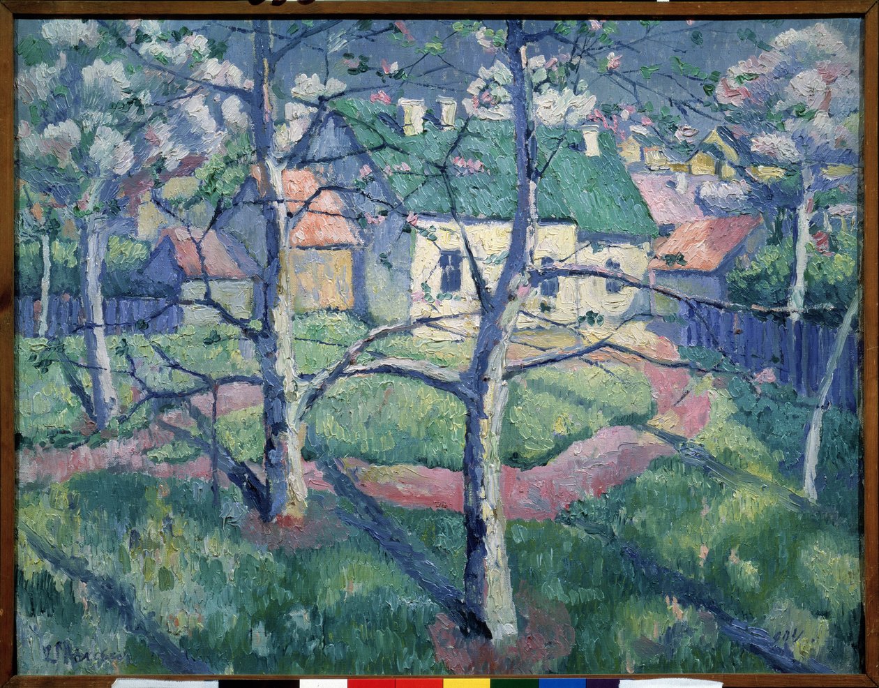 Omenapuut Kukkivat. Maaseutumaisema kesällä, muutama talo, polku, puita. Maalaus: Kasimir Severinovich Malevich (Malevich, Malevic) (1878-1935), öljy kankaalle tekijältä Kazimir Severinovich Malevich