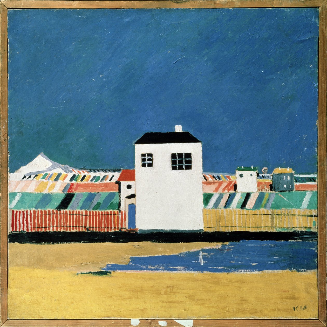 Maisema Valkoisen talon kanssa. Maalaus: Kasimir Severinovich Malevitch (Malevich, Malevic) (1878-1935), öljy kankaalle, noin 1930. Venäläinen taide, 1900-luku, avantgarde, suprematismi, konstruktivismi. Venäjän valtionmuseo, tekijältä Kazimir Severinovich Malevich