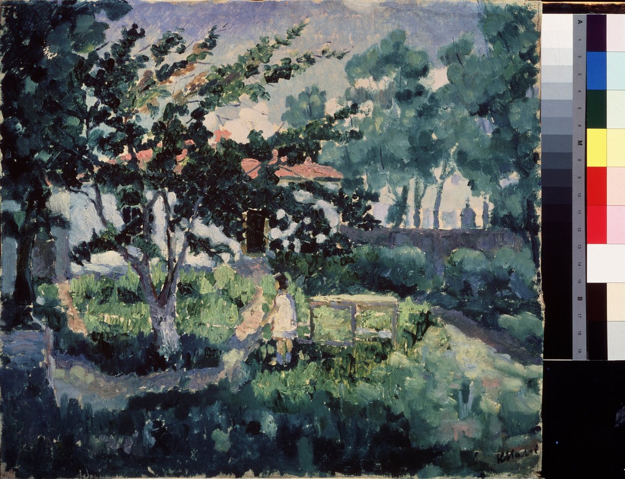 Kesäinen maisema. Kuvaus pienen maalaistalon puutarhasta kesällä, lapsen kanssa kesälomalla. Maalaus: Kasimir Severinovich Malevich (Malevich, Malevic) (1878-1935), öljy kankaalle tekijältä Kazimir Severinovich Malevich