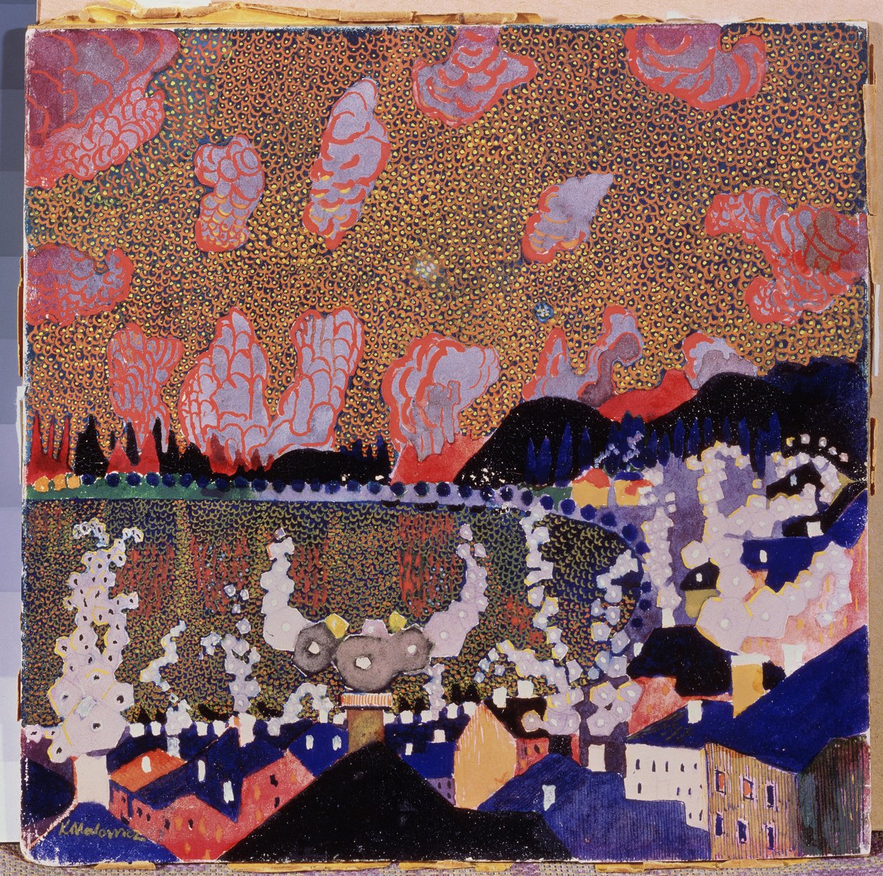 Pikkukaupunki. Maalaus: Kasimir Severinovich Malevich (Malevich, Malevic) (1878-1935), öljy pahville tekijältä Kazimir Severinovich Malevich