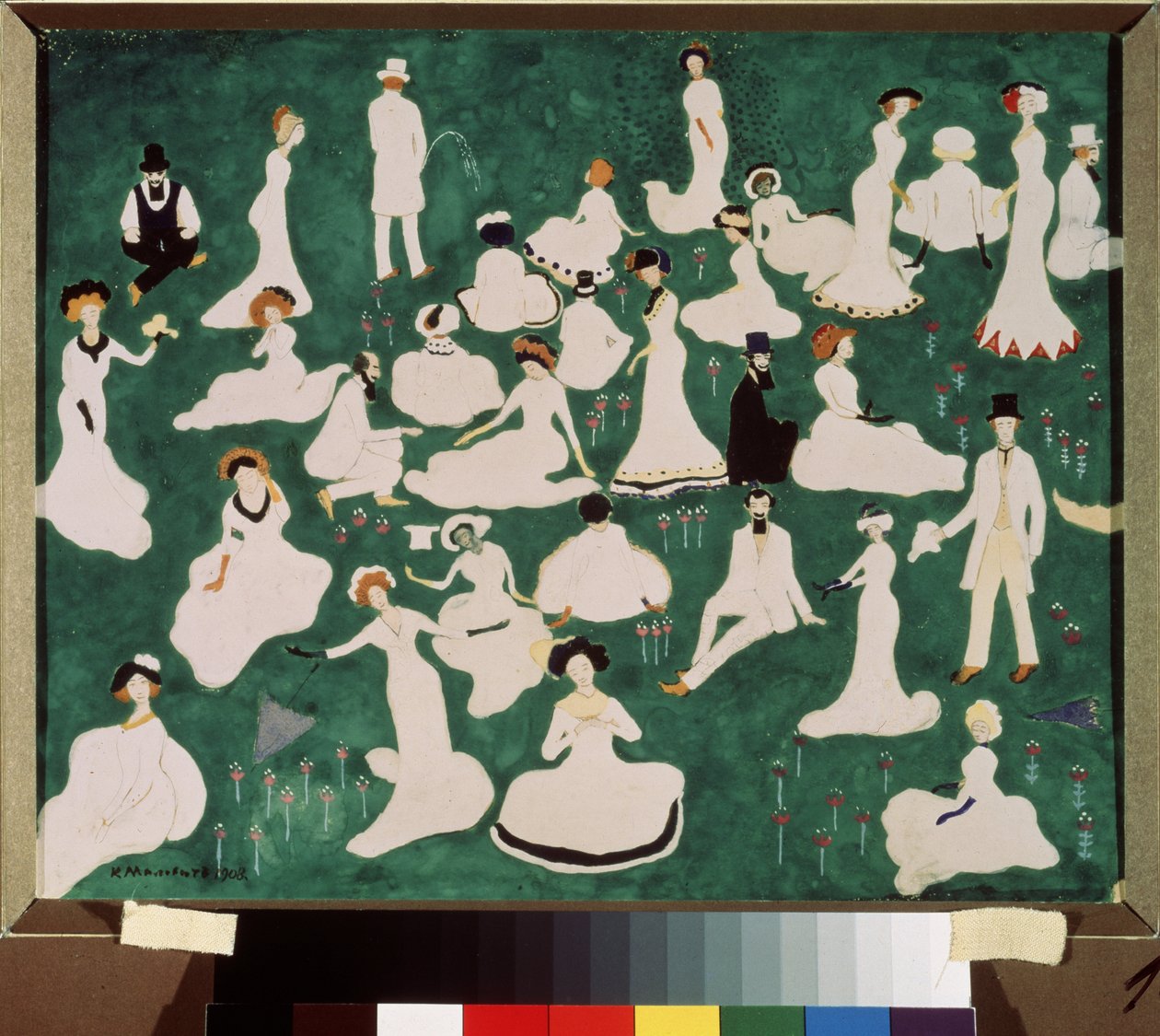 Rentoutuminen. Korkea yhteiskunta silinterihattuissa. (Rentouttava. High Society silinterihatuissa). Hauskan ja rentoutumisen kohtaus puiston nurmikolla. Kasimir Severinovich Malevitchin (Malevich, Malevic) (1878-1935) työ, vesiväri, guassi ja tussi tekijältä Kazimir Severinovich Malevich
