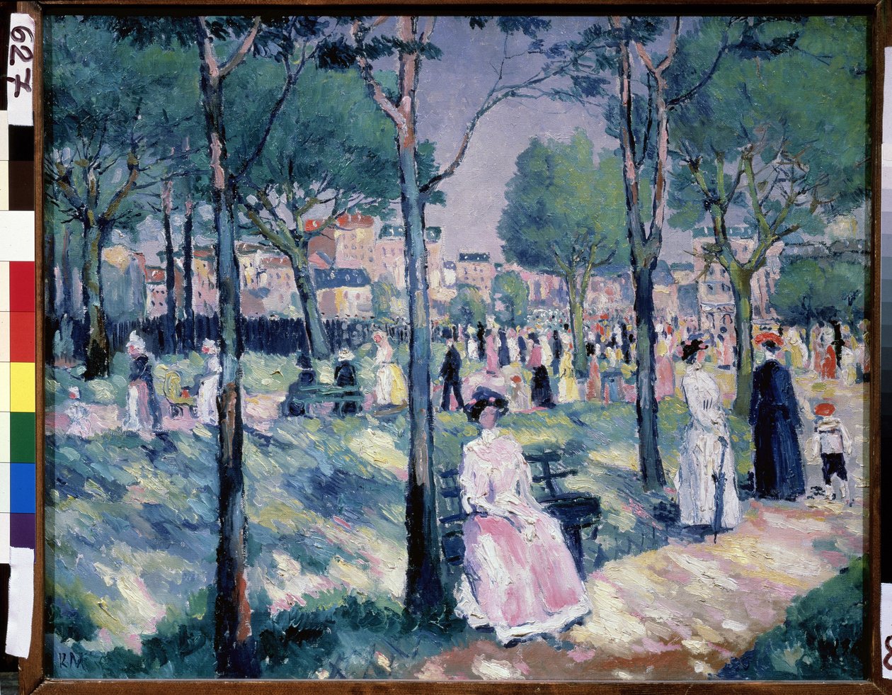 Boulevardilla (Bulevardilla). Kesäkuvaus, puistossa kaupunki taustalla, monet perheet kävelevät. Maalaus: Kasimir Severinovich Malevich (Malevich, Malevic) (1878-1935), öljy kankaalle tekijältä Kazimir Severinovich Malevich