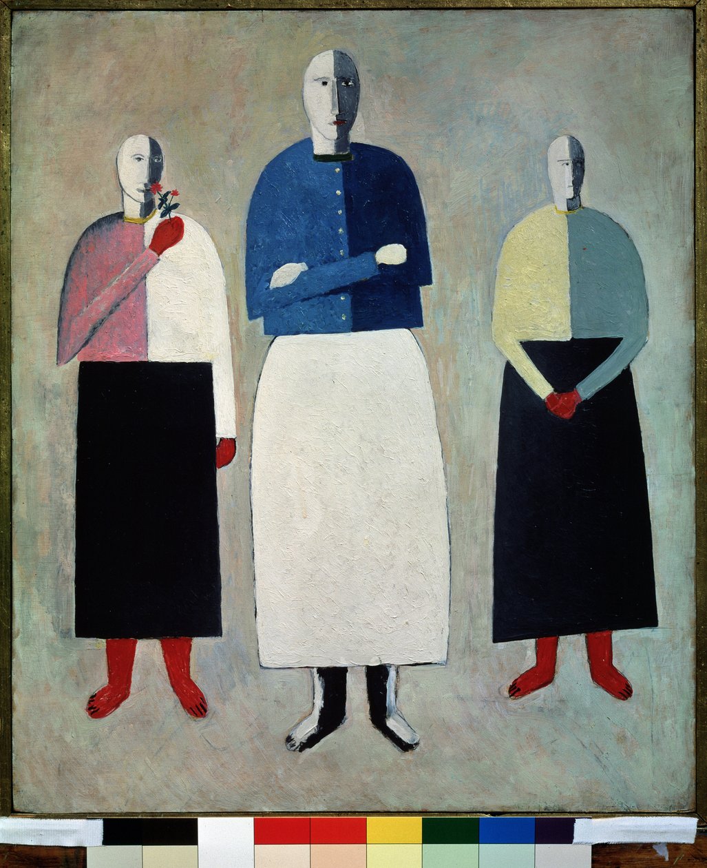 Kolme naista (kolme tyttöä). Kolmella on kalju pää, suora hame ja napillinen liivi. Maalaus: Kasimir Severinovich Malevitch (Malevich, Malevic) (1878-1935), öljy puulle tekijältä Kazimir Severinovich Malevich