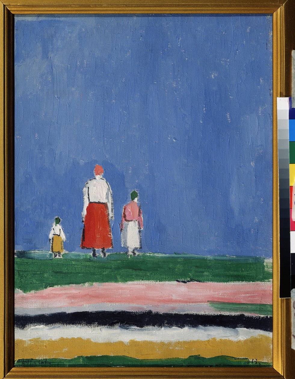 Kolme figuuria. Äiti, jolla on kaksi lasta, edustettuna takaapäin. Maalaus: Kasimir Severinovich Malevitch (Malevich, Malevic) (1878-1935), öljy kankaalle 1913 tai 1927 jälkeen. Venäläinen taide, 1900-luvun avantgarde, suprematismi. Kokoelma s tekijältä Kazimir Severinovich Malevich