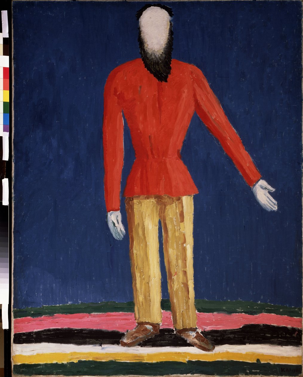 Talonpoika (talonpoika). Kuvaus parrakkaasta miehestä punaisella paidalla). Maalaus: Kasimir Severinovich Malevich (Malevich, Malevic) (1878-1935), öljy kankaalle tekijältä Kazimir Severinovich Malevich