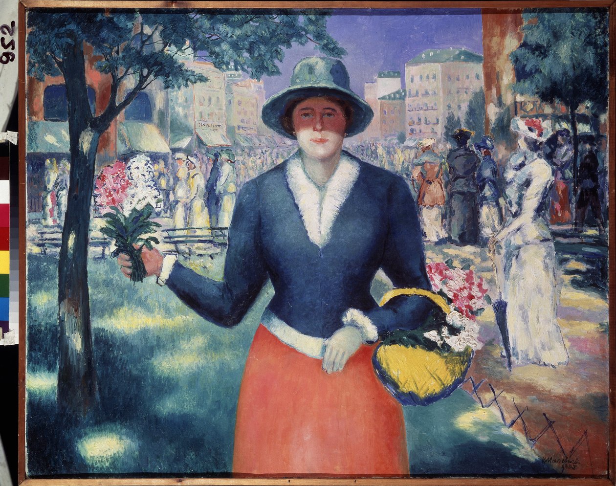 Kukkatyttö. Kesämaisema, väkikävelyt julkisessa puistossa keskellä kaupunkia, kukkamyyjän muotokuva. Maalaus: Kasimir Severinovich Malevich (Malevich, Malevic) (1878-1935), öljy kankaalle tekijältä Kazimir Severinovich Malevich