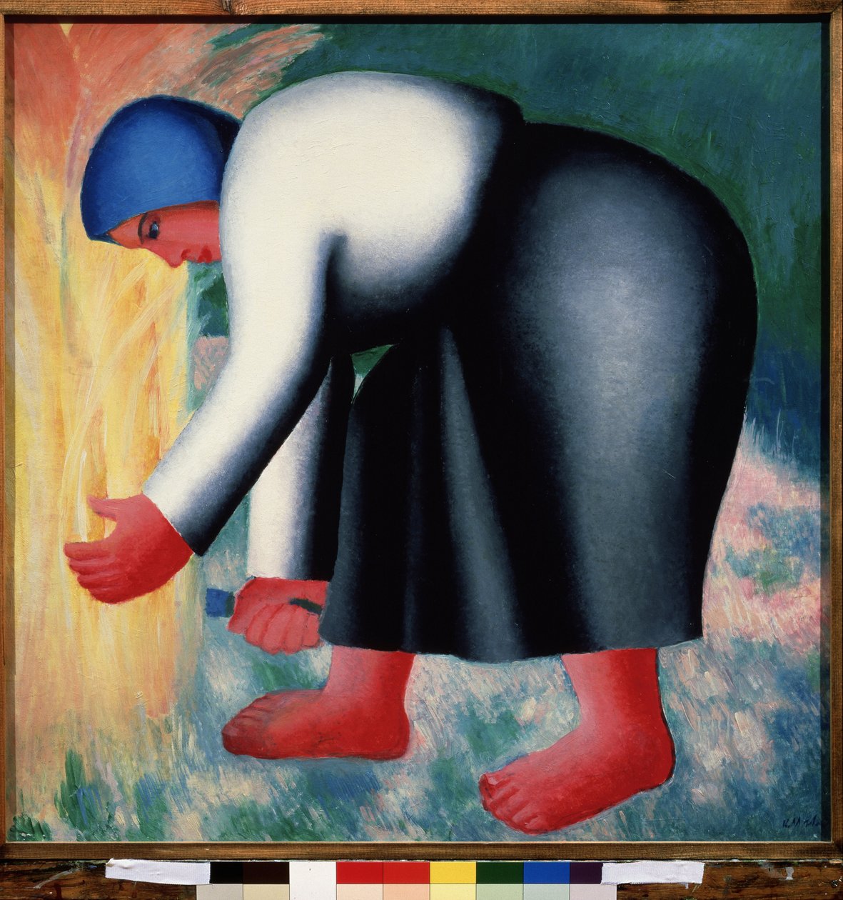 Viikatemies. Muotokuva taipuneesta, paljasjalkaisesta talonpoikanaisesta, joka korjaa viljaa. Maalaus: Kasimir Severinovich Malevitch (Malevich, Malevic) (1878-1935), öljy puulle tekijältä Kazimir Severinovich Malevich