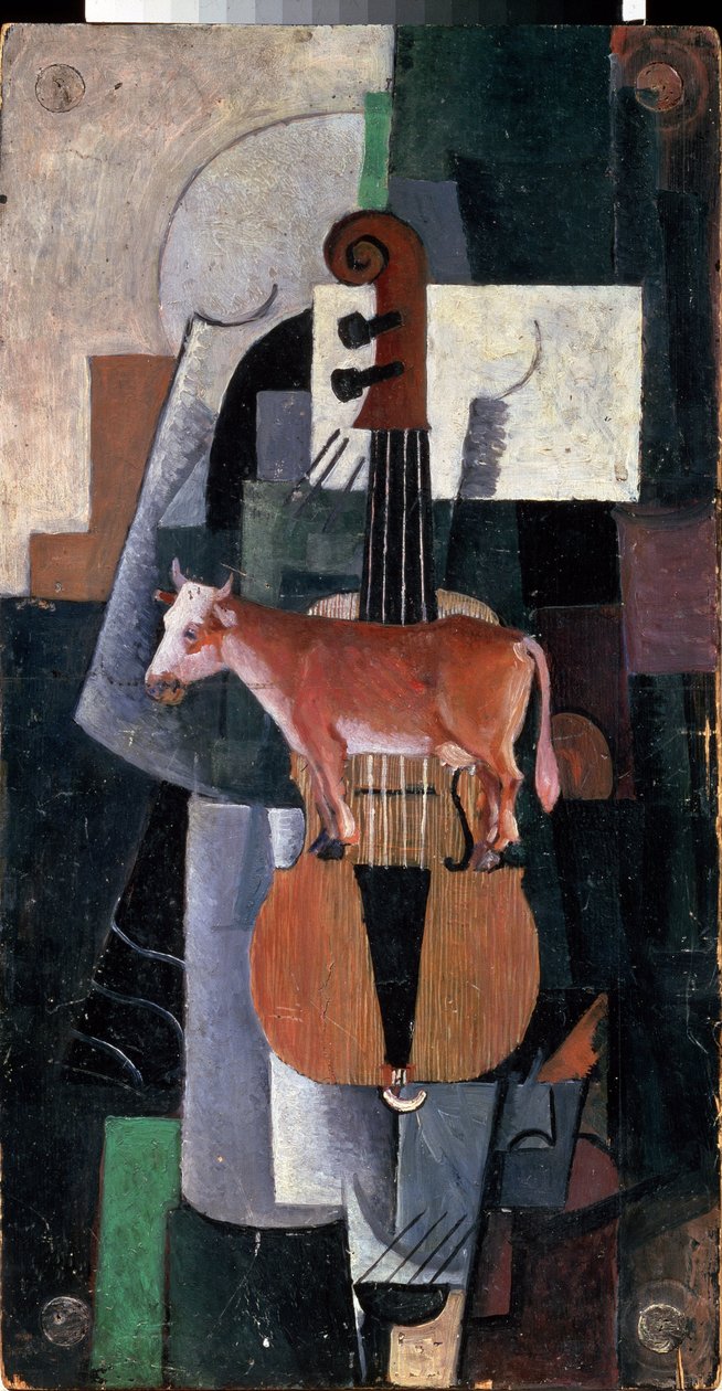Lehmä ja viulu (Lehmä ja viulu). Maalaus: Kasimir Severinovich Malevitch (Malevich, Malevic) (1878-1935), öljy puulle tekijältä Kazimir Severinovich Malevich