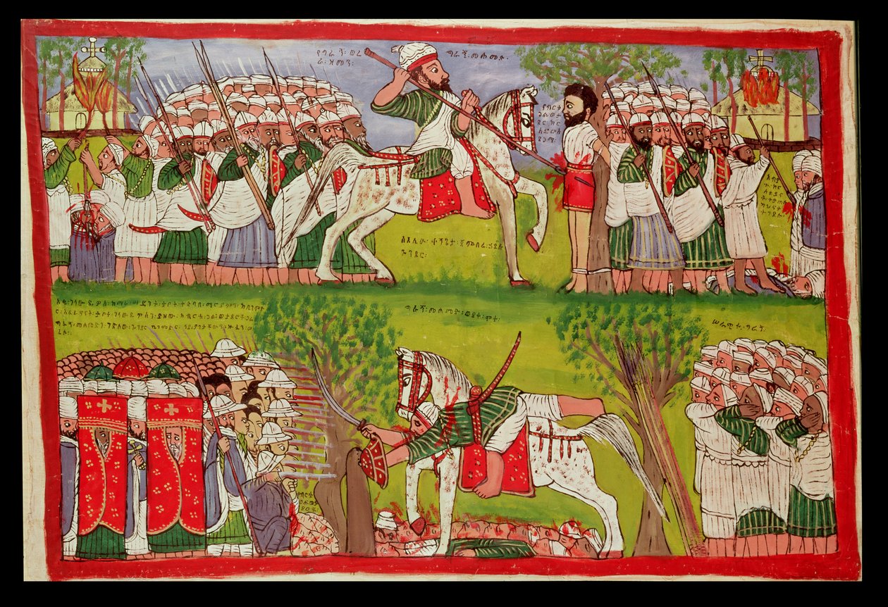 Muslimien kirkkojen polttaminen ja Cristobal de Gaman kuolema ja Ahmed ibn Ibrahim al-Ghazin (1506-43) lankeemus ja kuolema) Portugalilaisen muskettisoturi ampui, n. 1900 (öljy kankaalle) tekijältä Kegneketa Jemlieri Hailu of Gondar