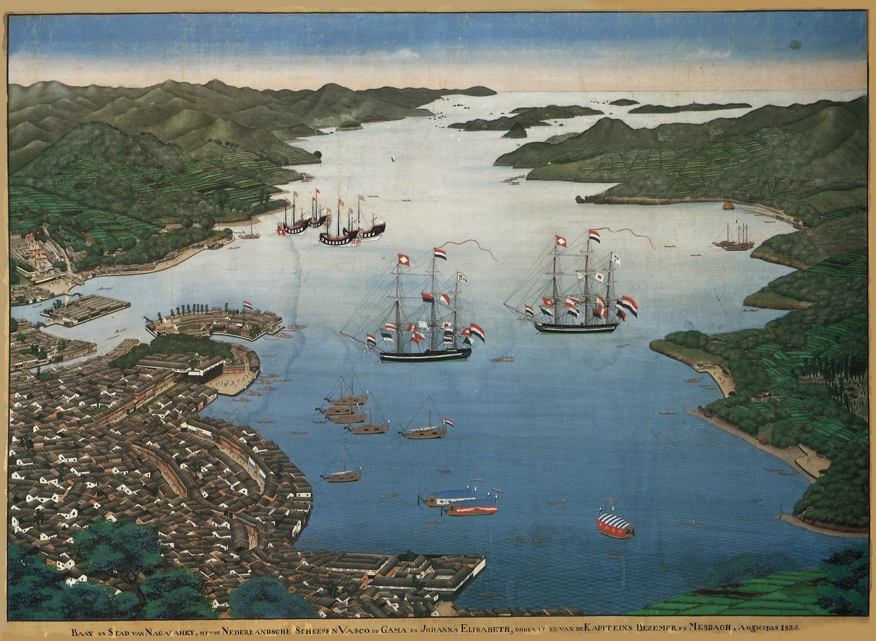 Deshiman saari Nagasakin lahdella laivoineen Vasco da Gama ja Johanna..., noin 1825. tekijältä Keiga Kawahara