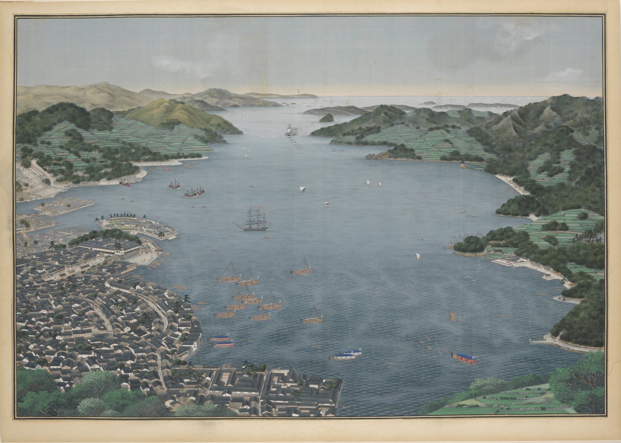 Näkymä Nagasakin lahdelle, n. 1833. tekijältä Keiga Kawahara