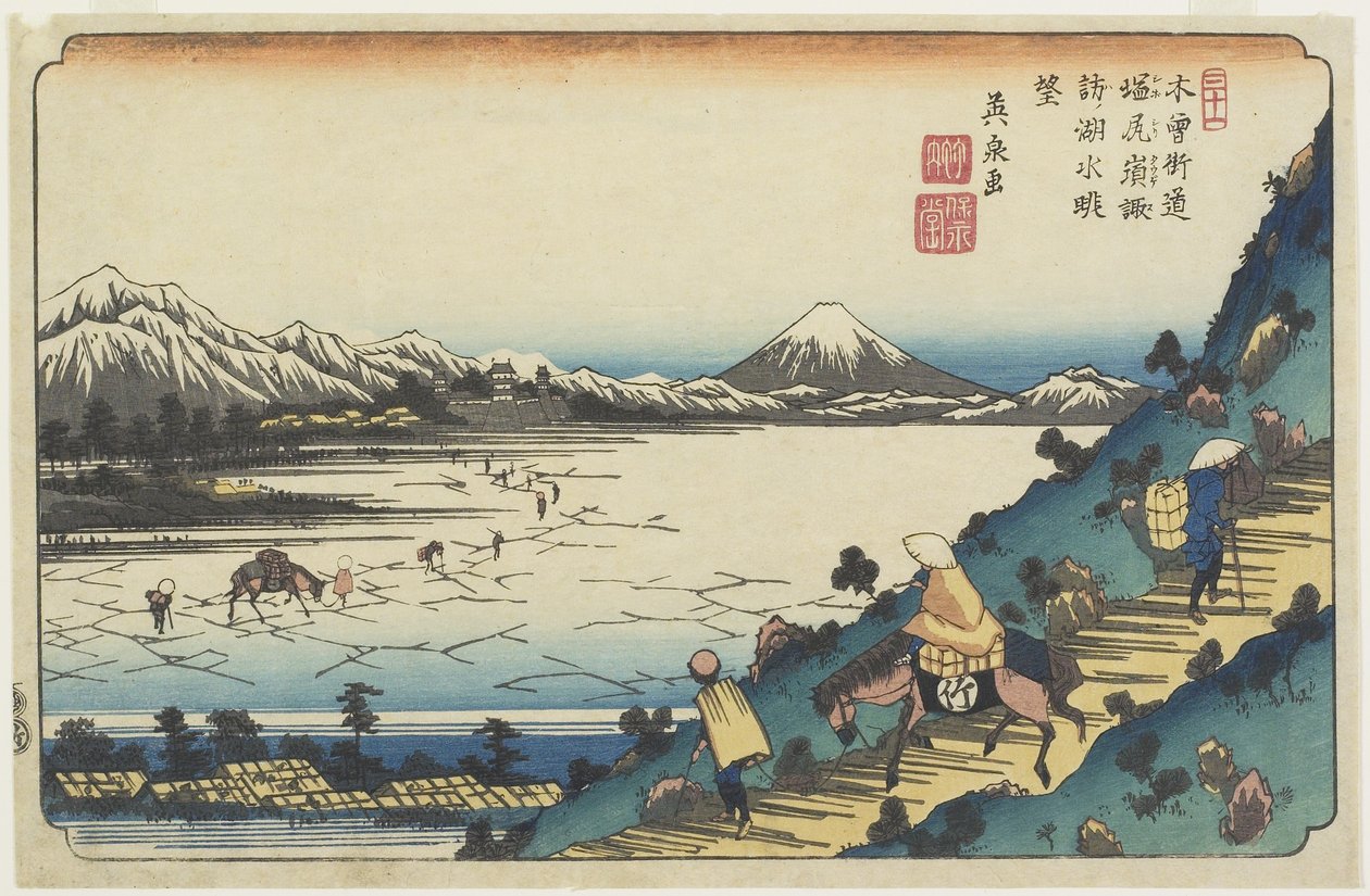 Nro 31: Näkymä Suwa-järvelle Shiojirin solalta nähtynä, 1835-1836 tekijältä Keisai Eisen