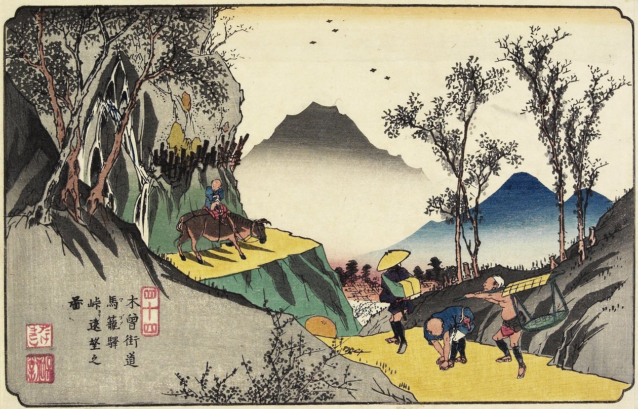 Nro 44 Kaukaisnäkymä Magomen asemalle solasta, 1830-1844 tekijältä Keisai Eisen