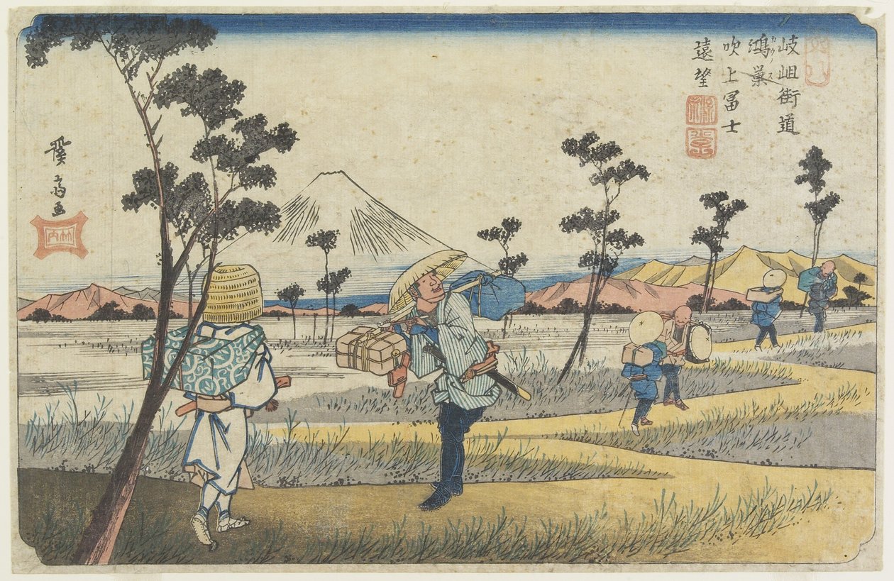 No.8 Kaukainen näkymä Fuji-vuorelle Fukiagesta nähtynä lähellä Ko_nosun asemaa, 1830-1844 tekijältä Keisai Eisen