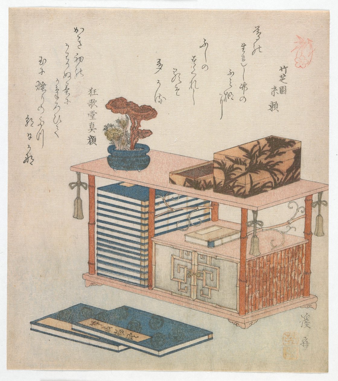 Surimono, joka kuvaa kirjakaappia, Edo-kausi, 1810-luvun loppu tai 1820-luvun alku (värillinen puupainatus) tekijältä Keisai Eisen