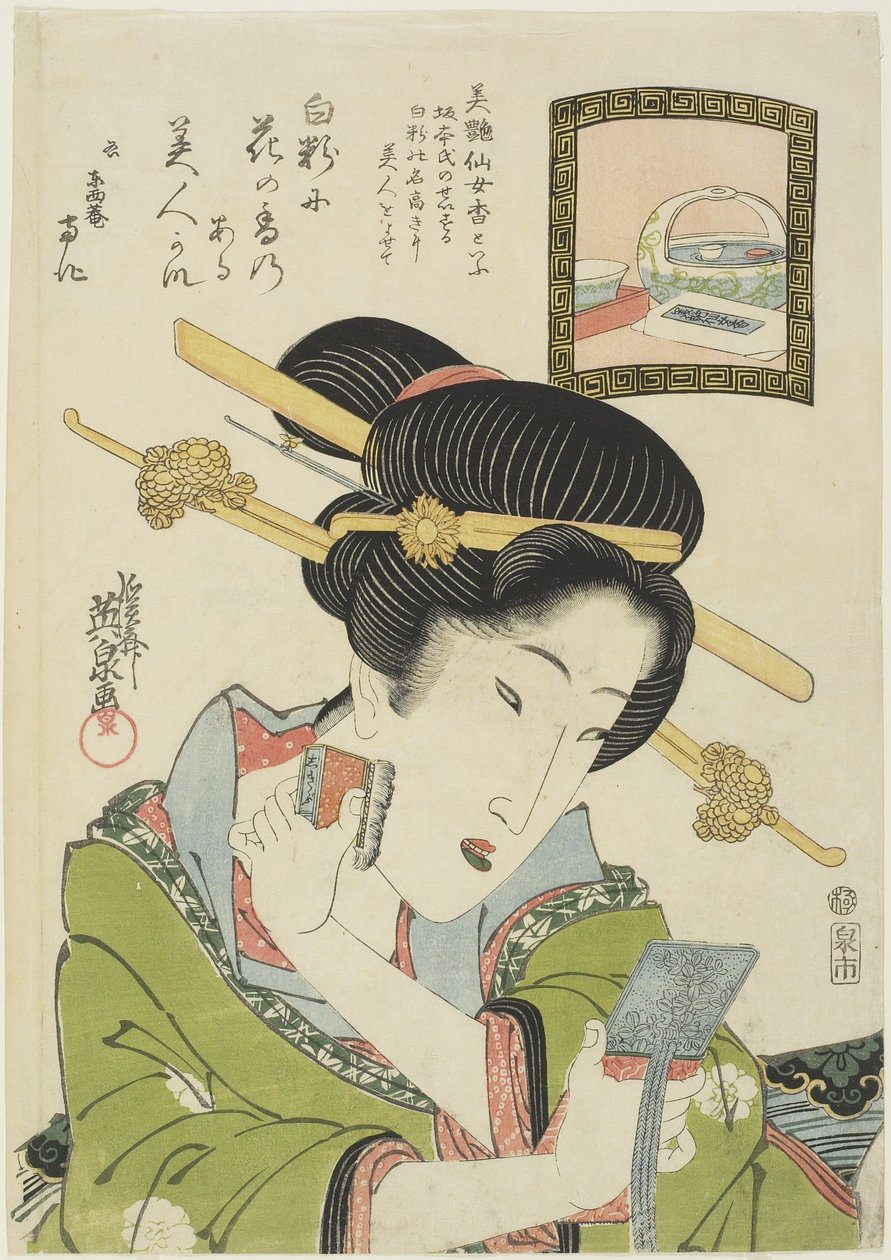 Nainen laittaa kasvopuuteria, 1820-1822 tekijältä Keisai Eisen