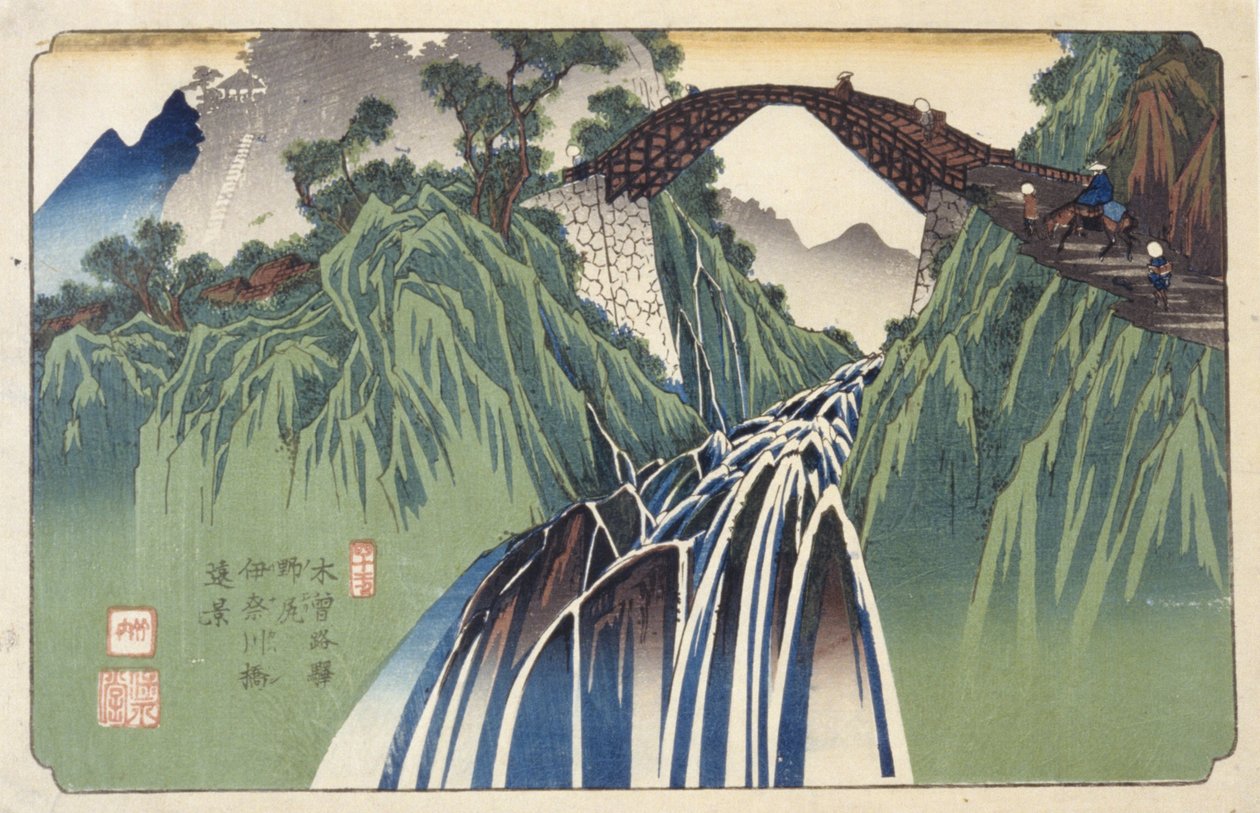 Kaukainen näkymä Ina-joen ylittävästä sillasta Nojirissa, nro 41 (Nojiri Inagawabashi Enkei, 41) (värillinen puupainatus) tekijältä Keisai (1790 1848) Eisen