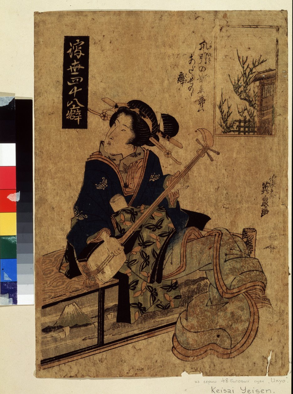 Sarja päivittäisistä työntekijöistä: ""Shamisenin muusikko"" Print (Ukiyo-e) (Ukiyo e), kirjoittanut Keisai Eisen (1790-1848) noin 1820 Pushkin Museum Moskova tekijältä Keisai Eisen