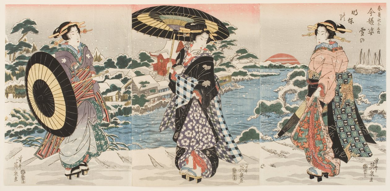 Moderneja hahmoja aamunkoitteessa lumisena päivänä (Imayō sugata yuki no akebono) tekijältä Keisai (1790 1848) Eisen