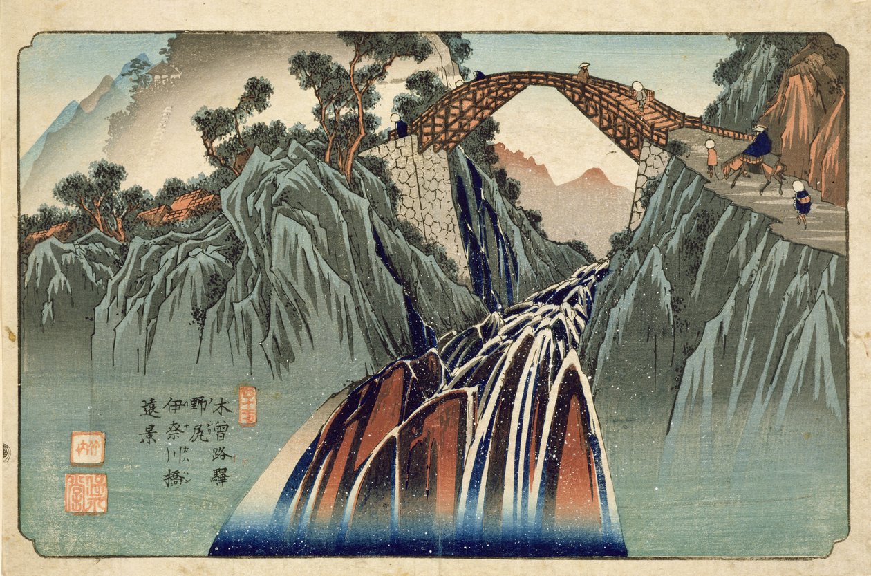 Inagawan silta Nojirissa (Nojiri Inagawa bashi Enkei), julkaisija Hoeido ja Kinjudo, 1830-luvun loppupuoli (käsin väritetty puupiirros). tekijältä Keisai Eisen